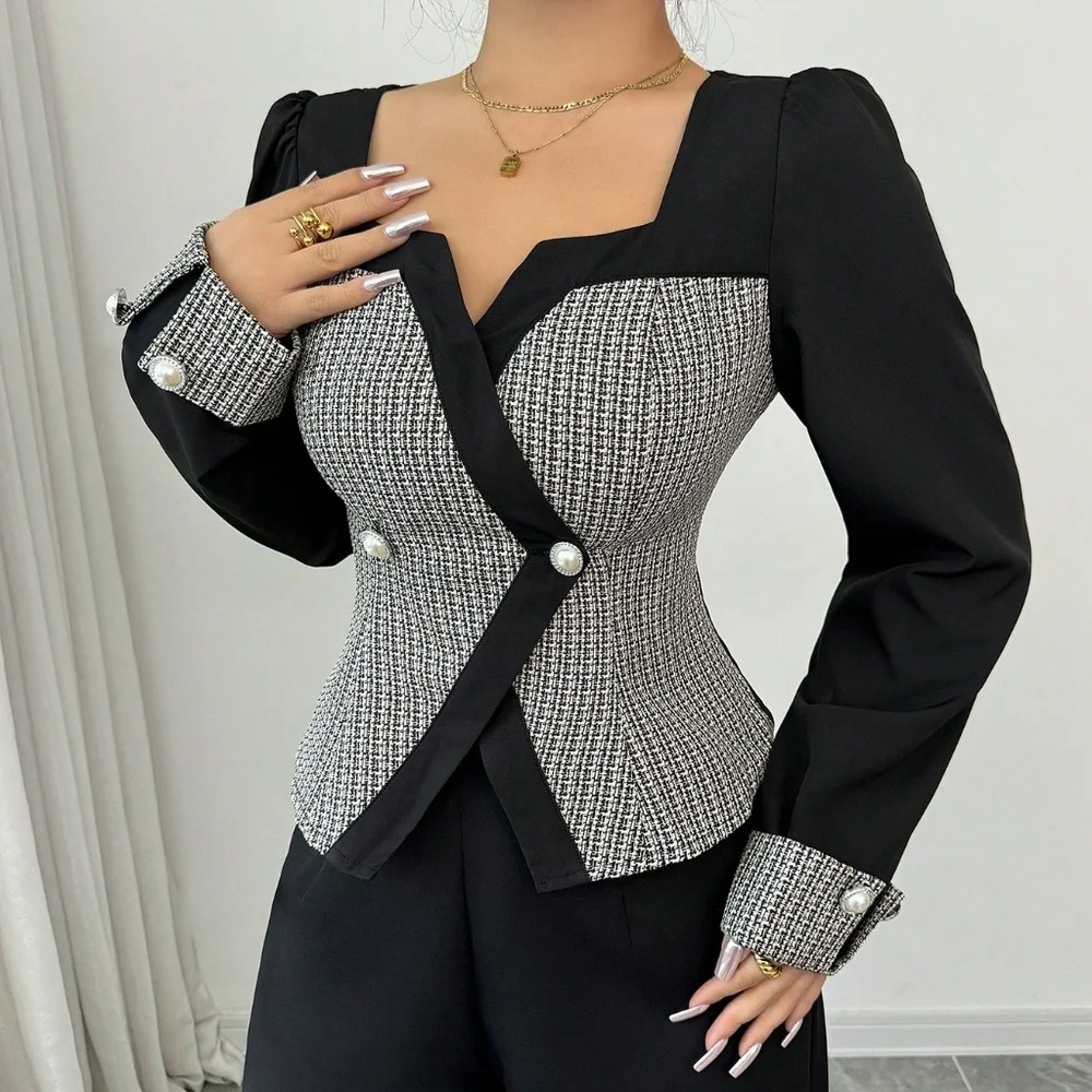 2pcs Women Elegant Color Block Cardigan & Wide Leg Pants Suit, Autumn - Picture 4 of 7